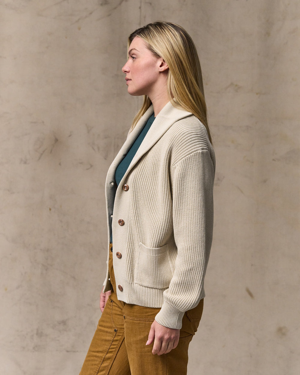 image of a model wearing Filson's Women's Cotton Shawl Neck Cardigan - Natural