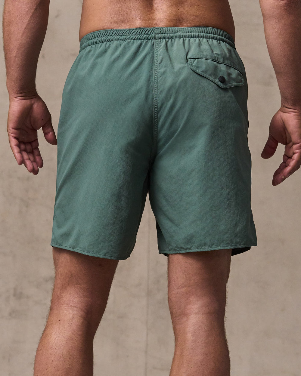 image of a model wearing Filson's Oxbow Lake Trunks - Dark Forest