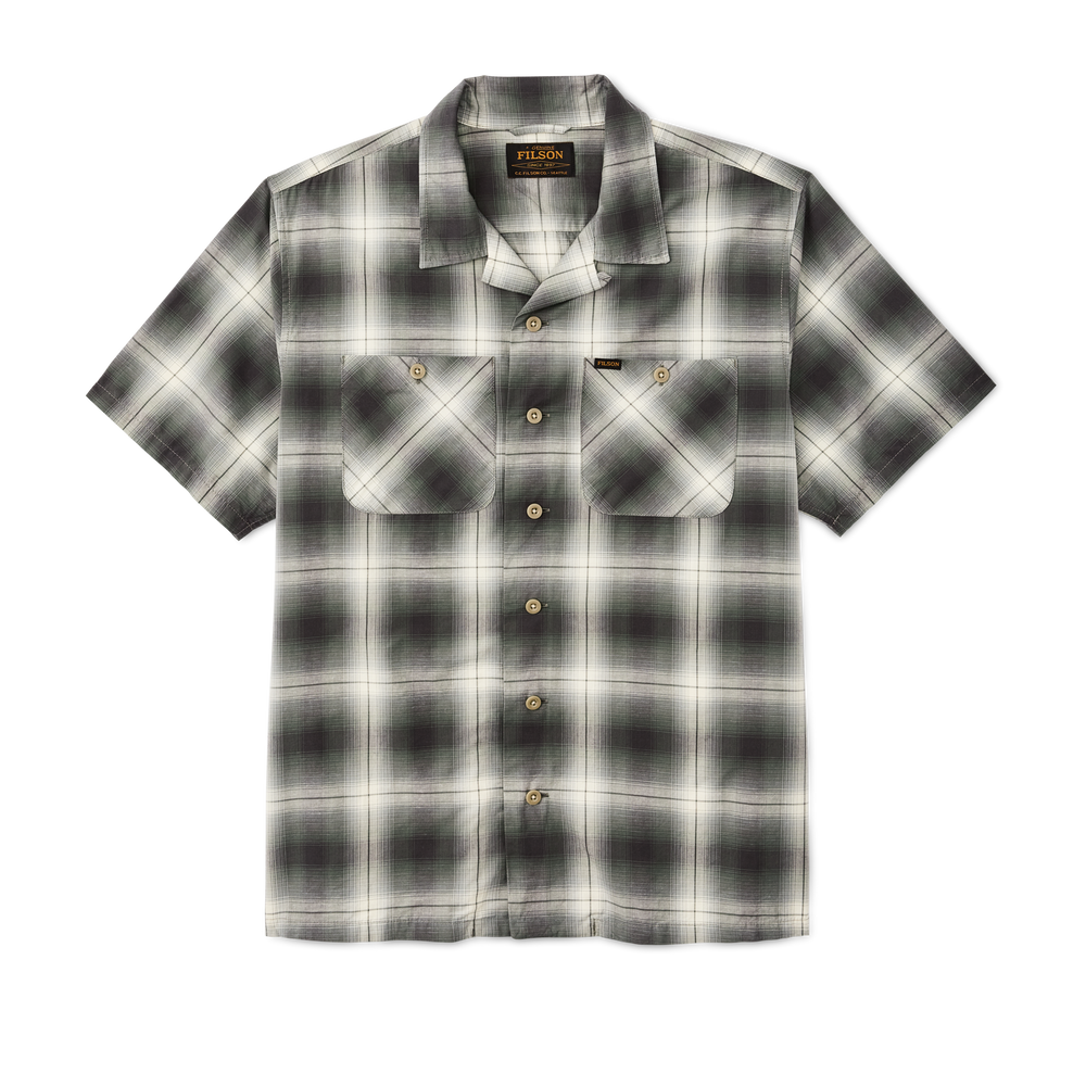 Front-facing image of the Filson Greenwood Short Sleeve Camp Shirt - Olive / Beige Ombre