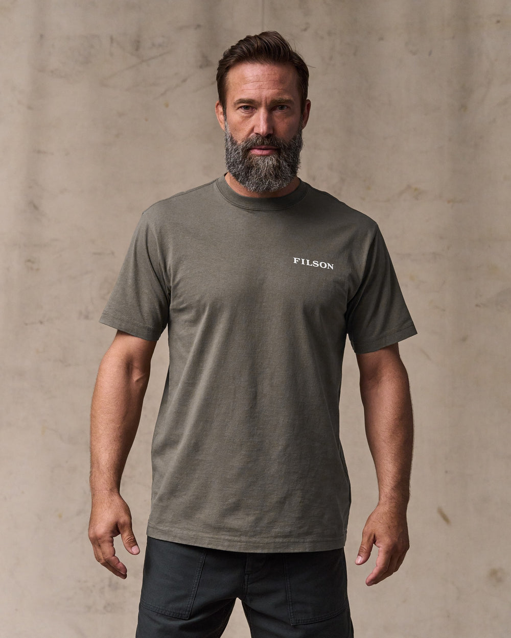 image of a model wearing Filson's Scenic Graphic T-shirt - Hawk Brown