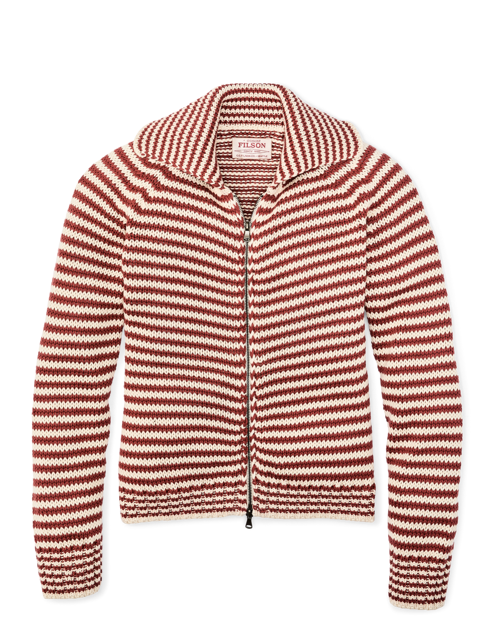 Front-facing image of the Filson Women's Cotton Full-zip Cardigan - Brick / Sand Stripe