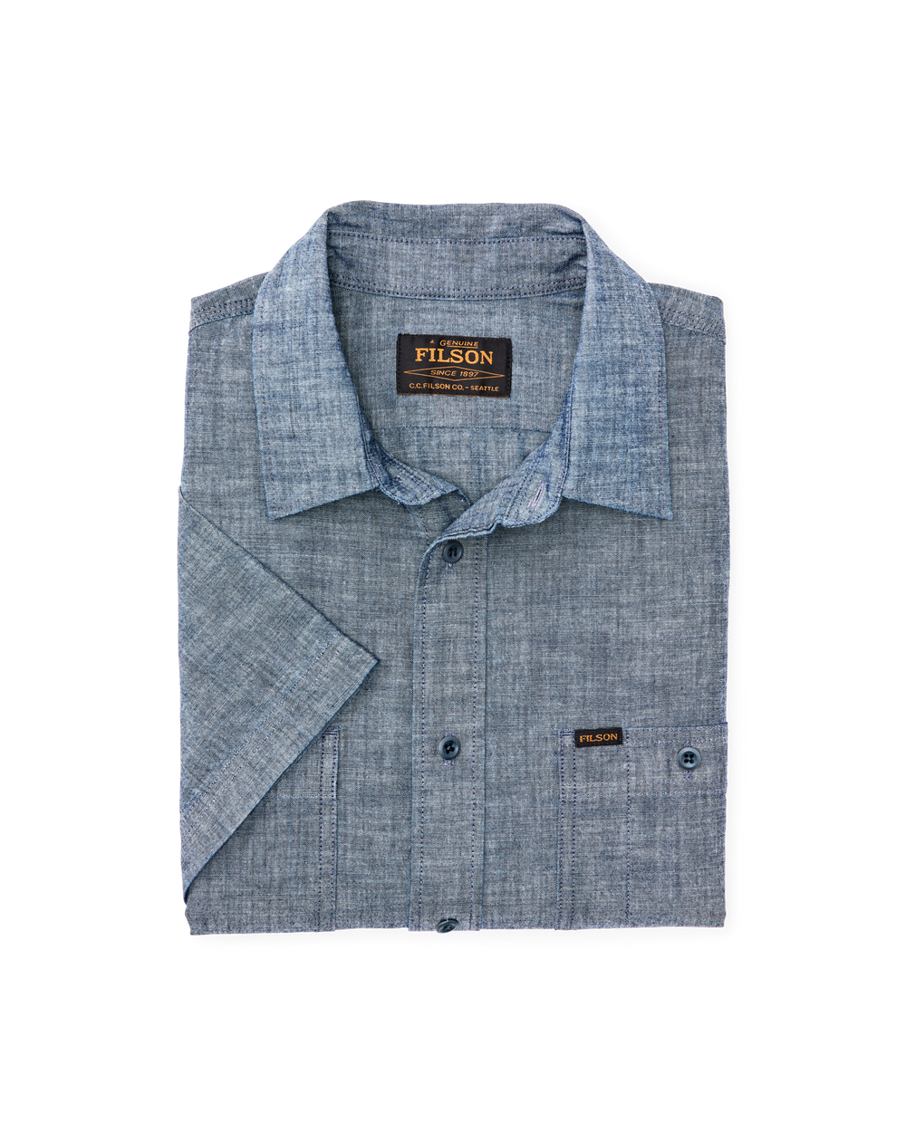 Alternate view of the Filson Short-sleeve Embroidered Chambray Shirt - Rinsed Indigo