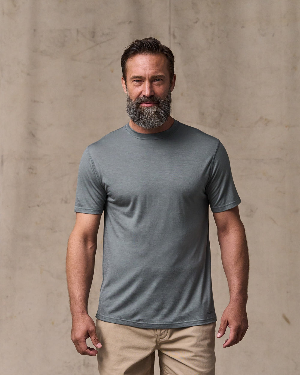 image of a model wearing Filson's Wool-blend Upf T-shirt - Sage Gray