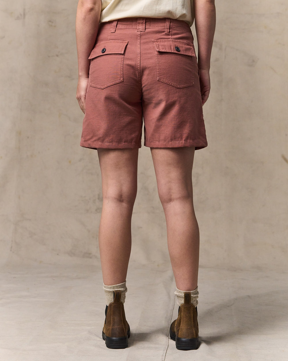 image of a model wearing Filson's Women's Reverse Sateen Supply Shorts - Mahogany