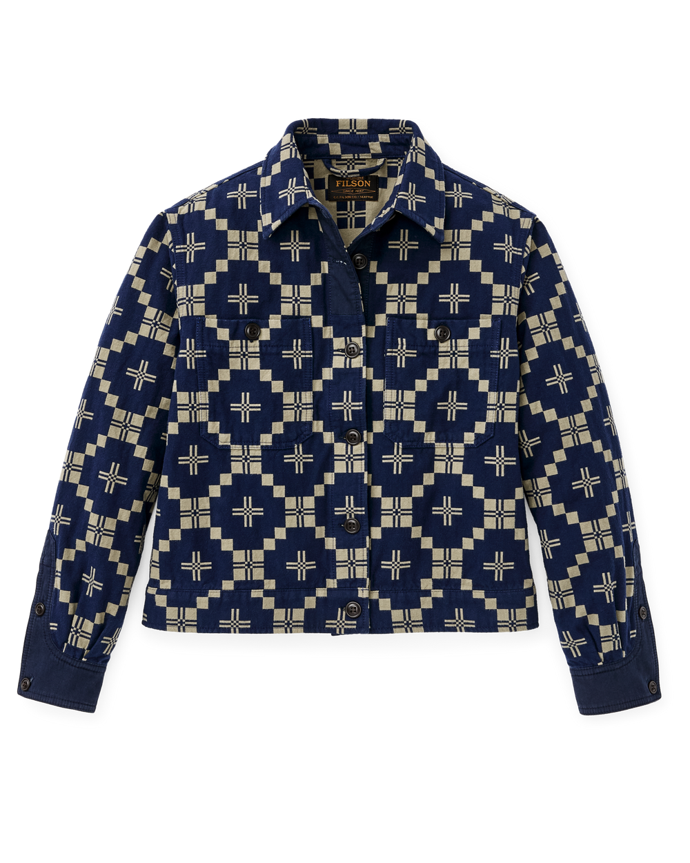 Front-facing image of the Filson Women's Colchuck Short Jacket - Navy / Sage Jacquard