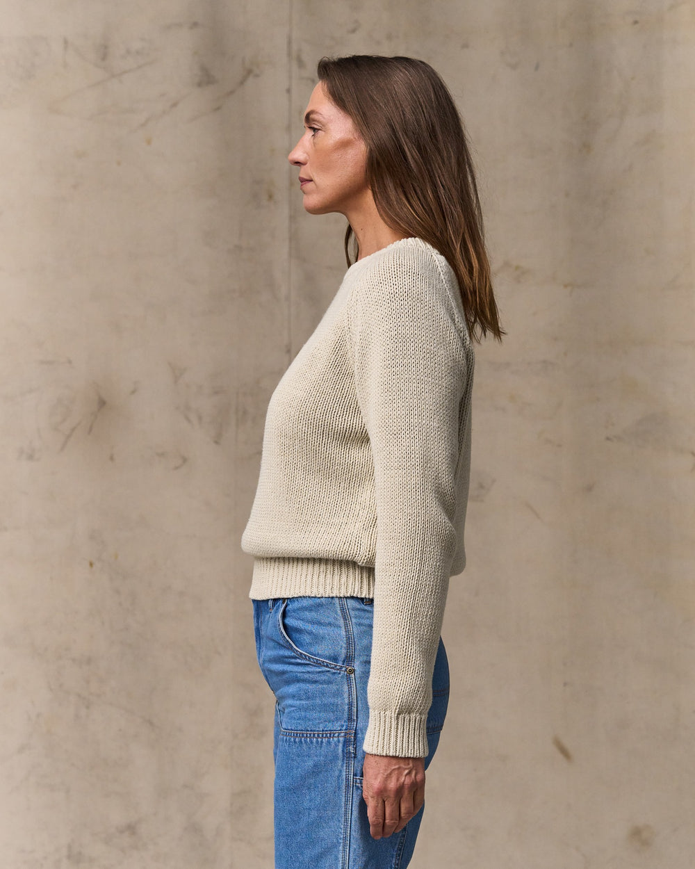 image of a model wearing Filson's Women's Cotton Crewneck Sweater - Natural