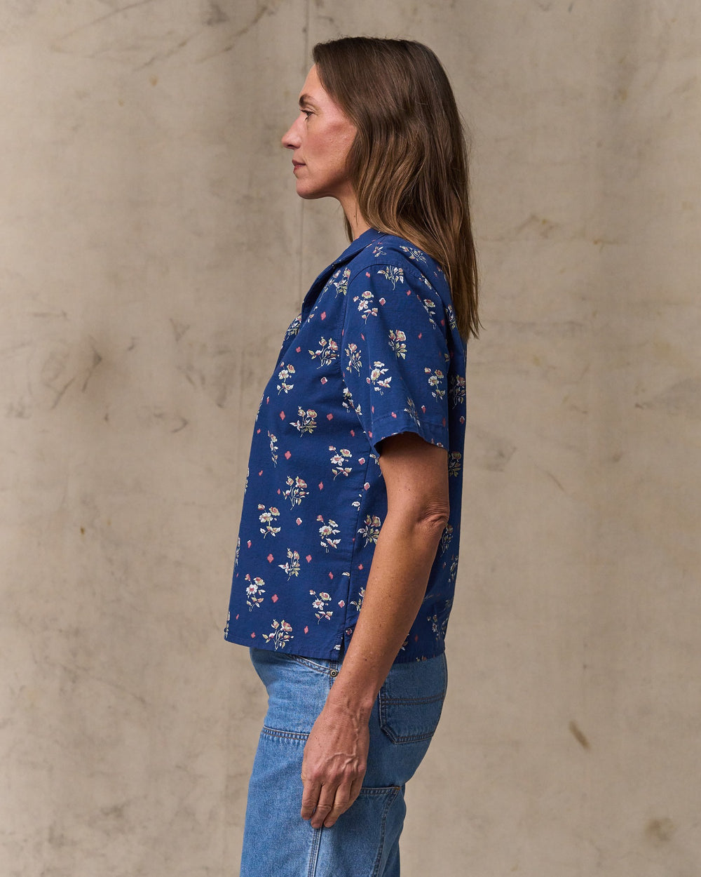 image of a model wearing Filson's Women's Camp Shirt - Indigo / Floral