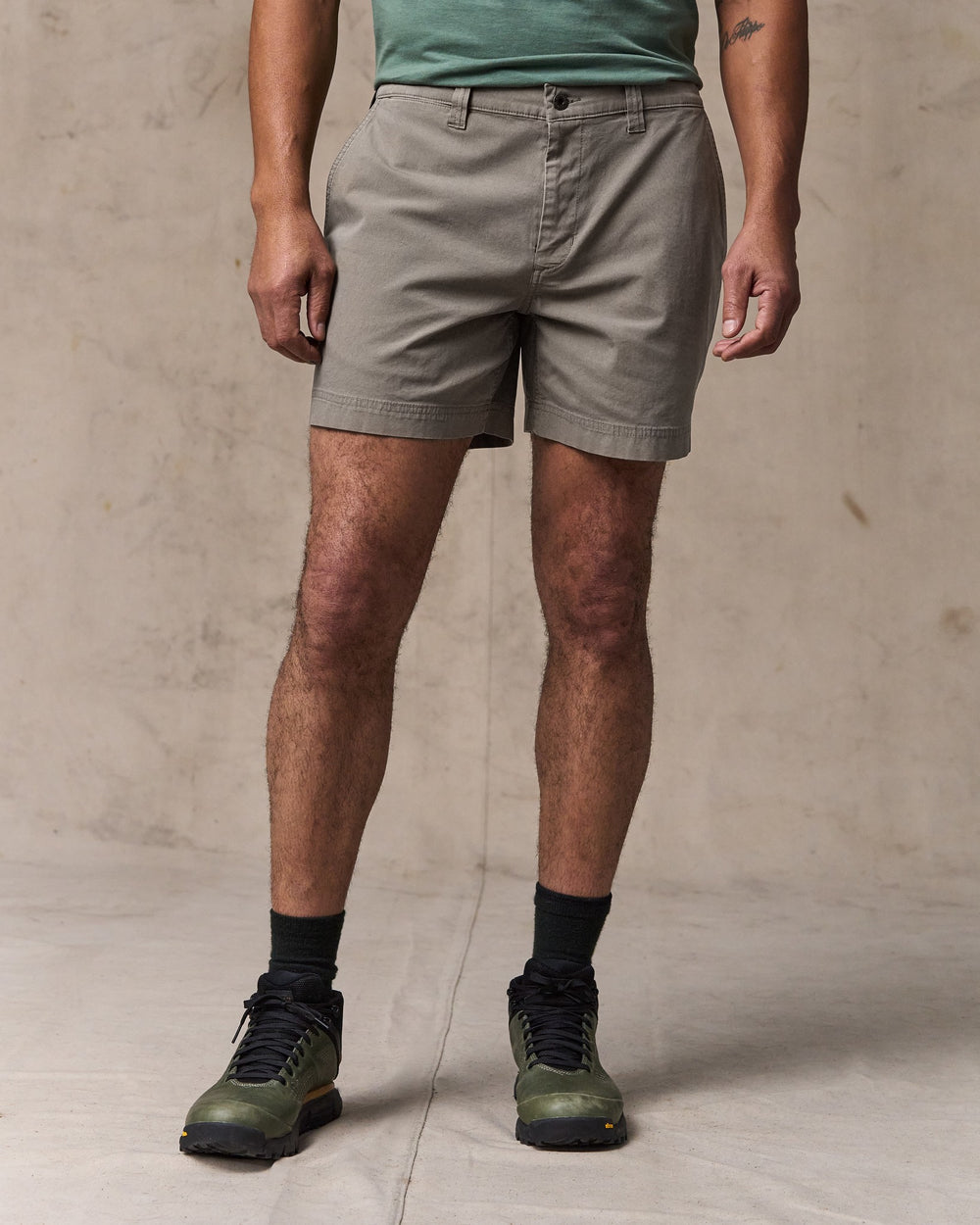 image of a model wearing Filson's Granite Mountain 6" Shorts - Hawk Brown