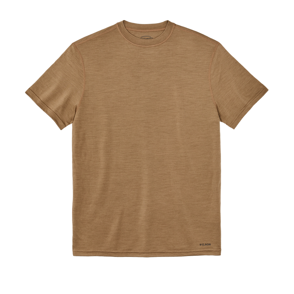 Front-facing image of the Filson 210g Merino Wool Short Sleeve Crewneck - Rugged Tan