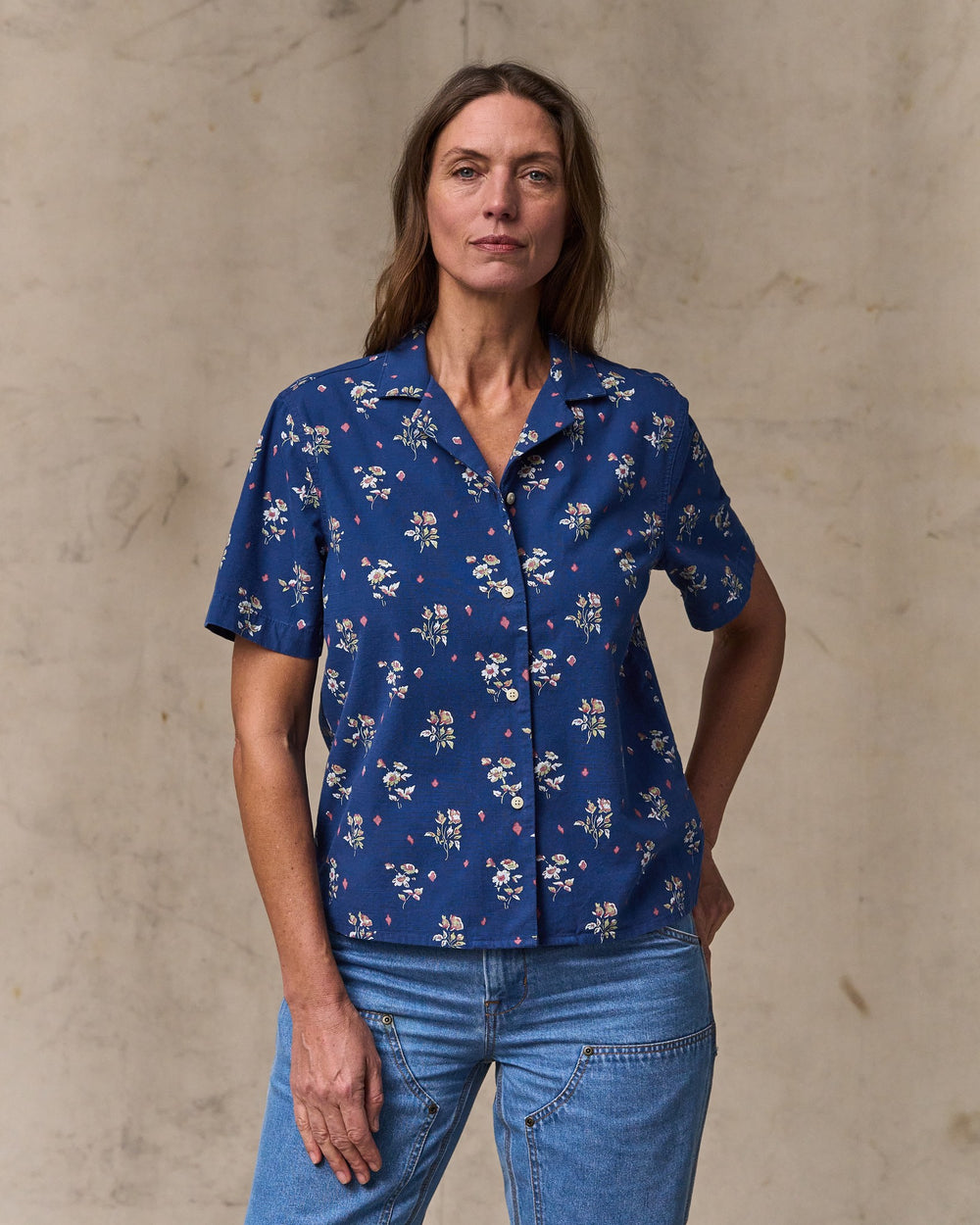 image of a model wearing Filson's Women's Camp Shirt - Indigo / Floral