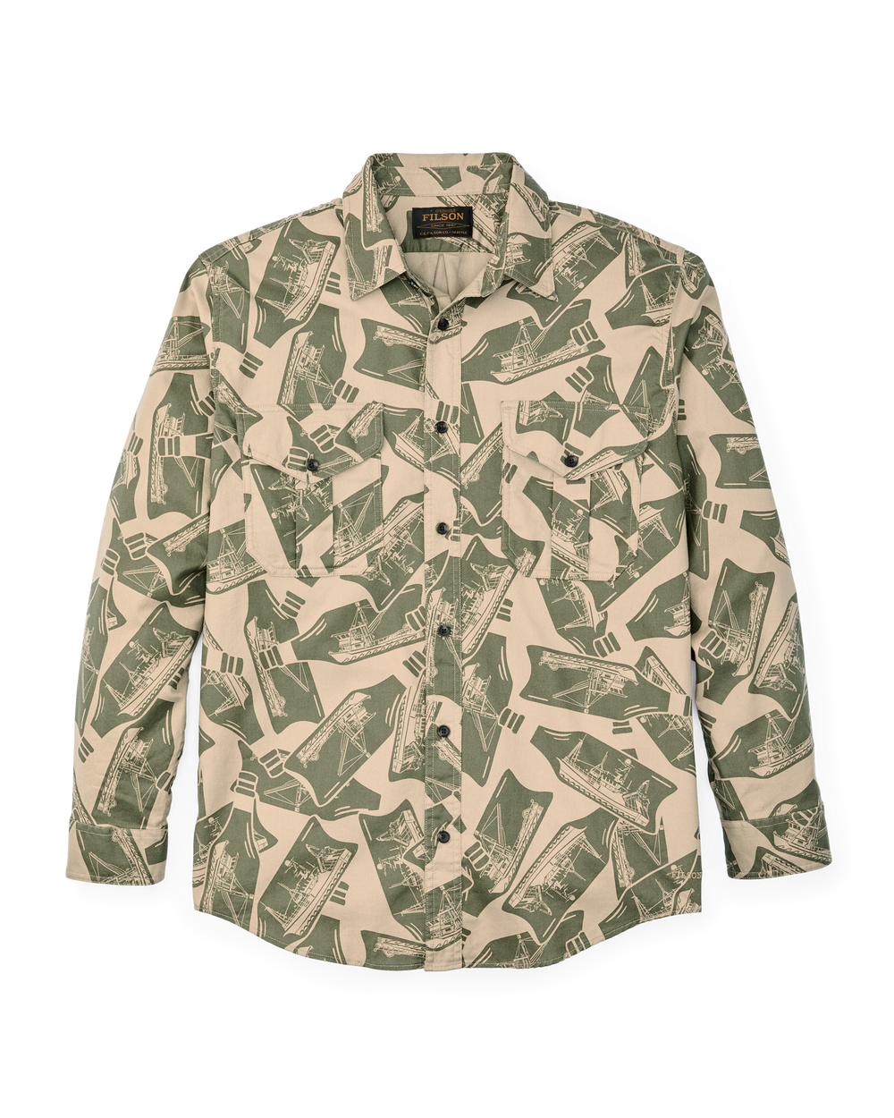 Front-facing image of the Filson Lightweight Alaskan Guide Shirt - Khaki / Print