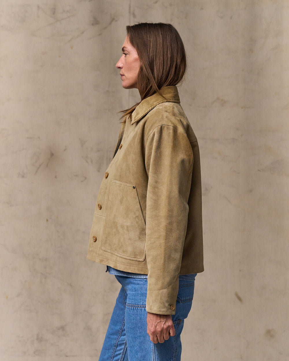 image of a model wearing Filson's Women's Short Suede Barn Jacket - Light Gray