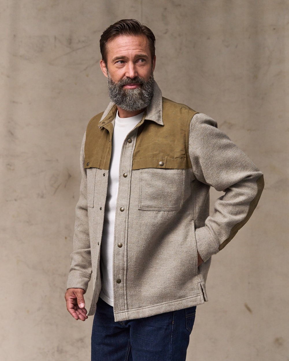 image of a model wearing Filson's Colchuck Forester Jac-shirt - Ash Heather