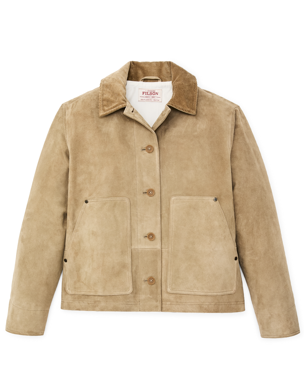 Front-facing image of the Filson Women's Short Suede Barn Jacket - Light Gray