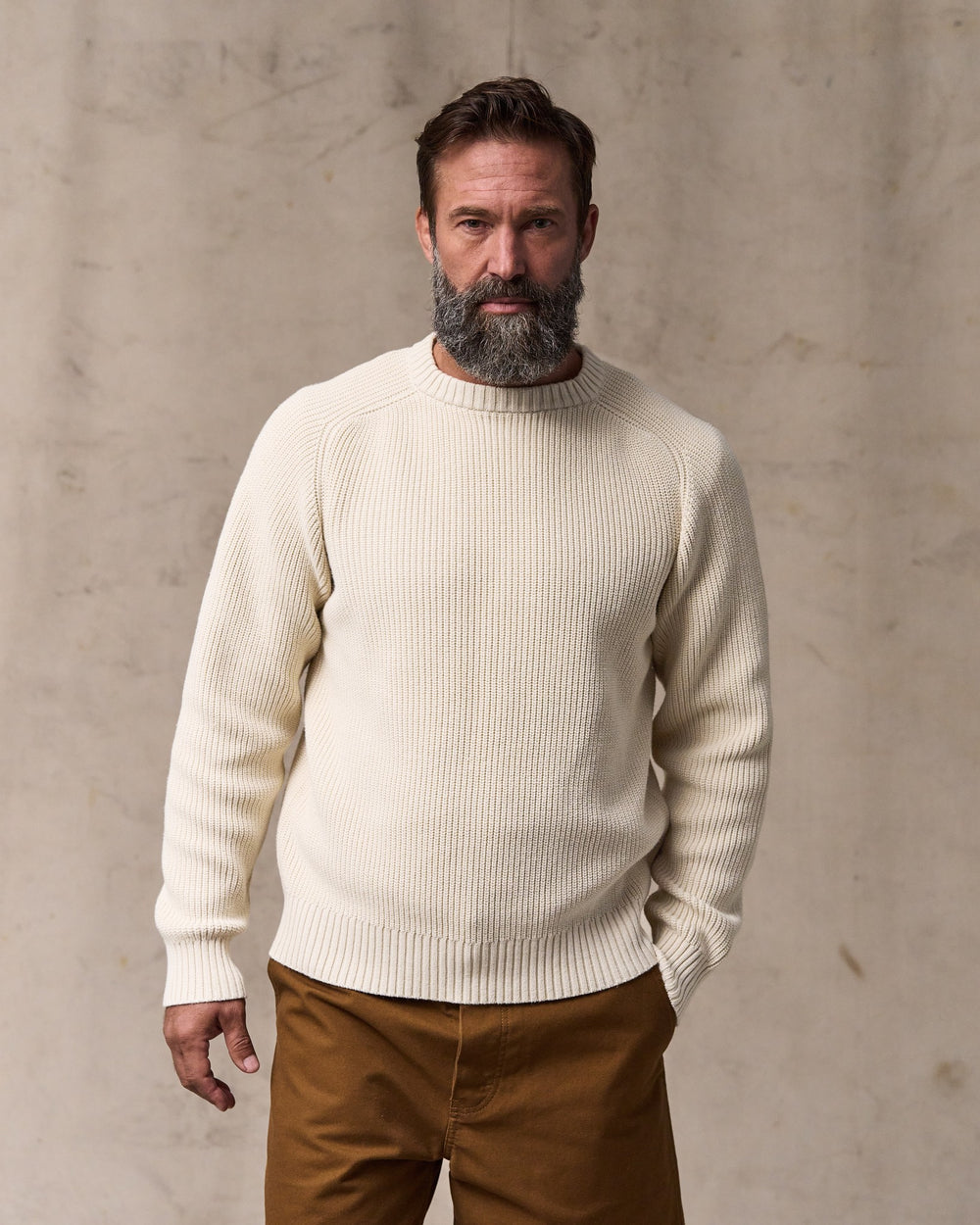 image of a model wearing Filson's Vintage Cotton Crewneck Sweater - Natural