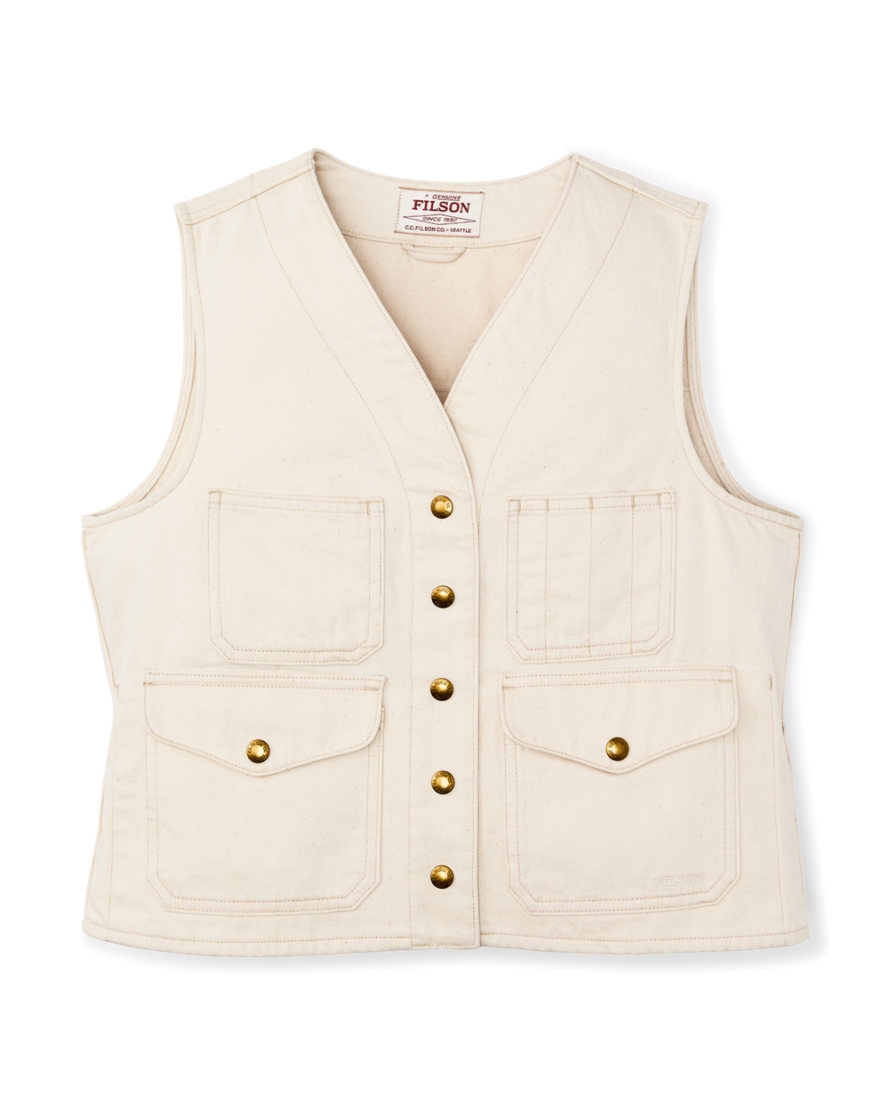 Front-facing image of the Filson Women's Archive Cruiser Vest - Natural Seed