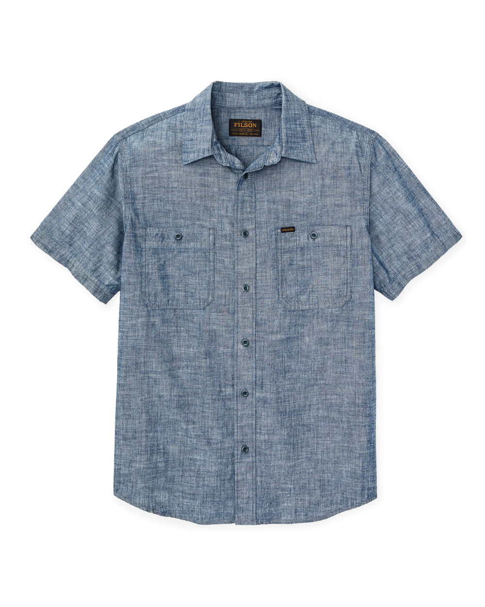 Front-facing image of the Filson Short-sleeve Embroidered Chambray Shirt - Rinsed Indigo