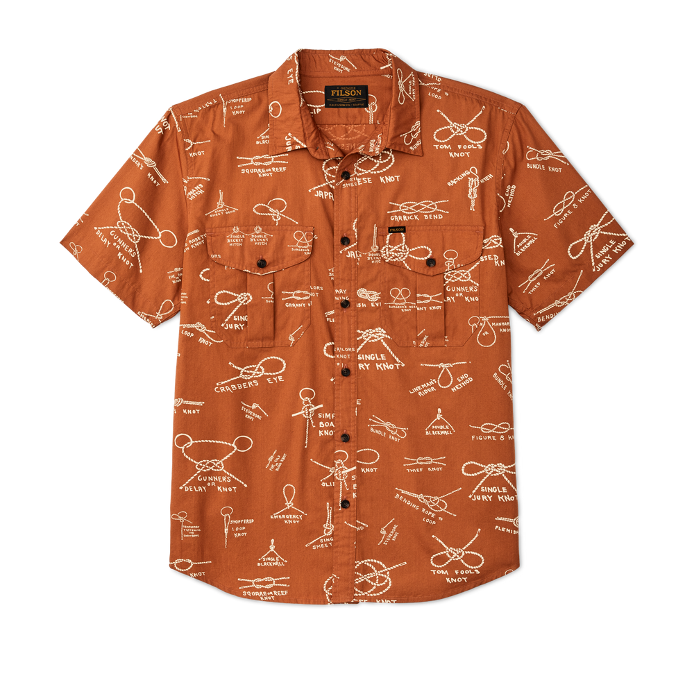 Front-facing image of the Filson Filson's Washed Short Sleeve Feather Cloth Shirt - Bourbon / Knots