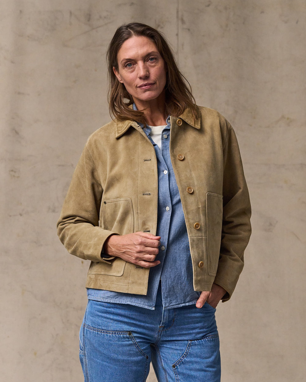 image of a model wearing Filson's Women's Short Suede Barn Jacket - Light Gray