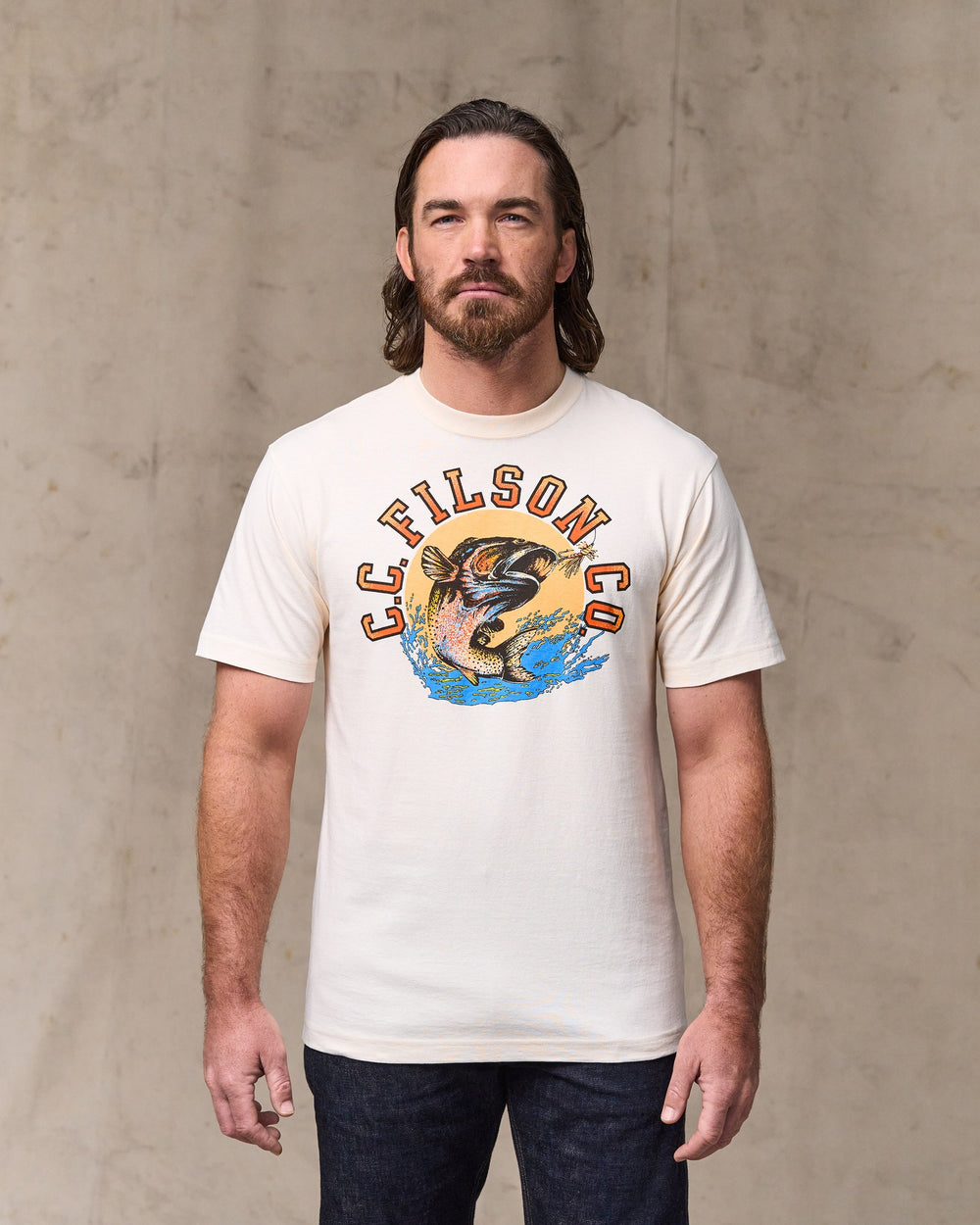 image of a model wearing Filson's Dry Fly Graphic T-shirt - Basswood