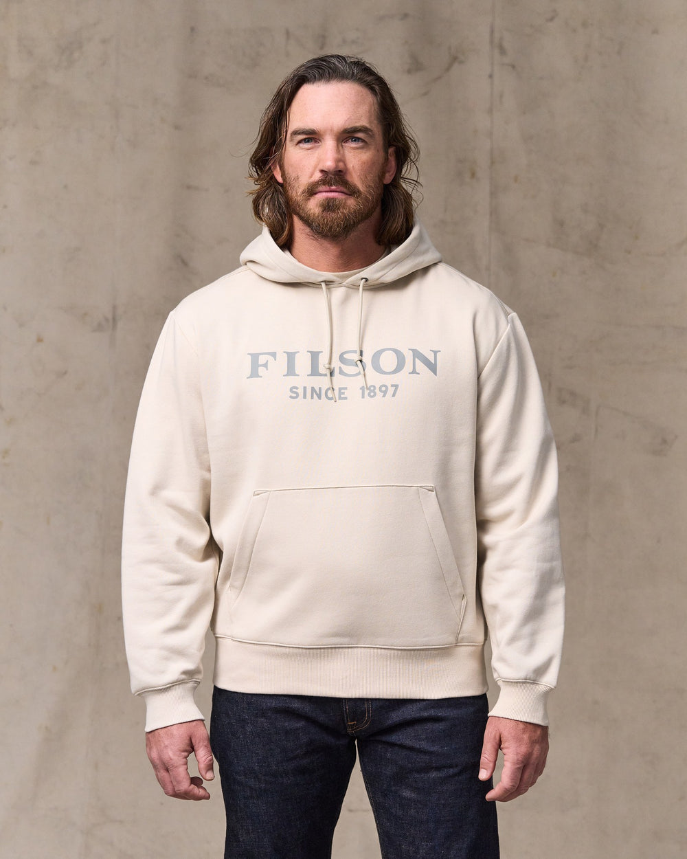 image of a model wearing Filson's Filson Graphic Hoodie - Oatmeal