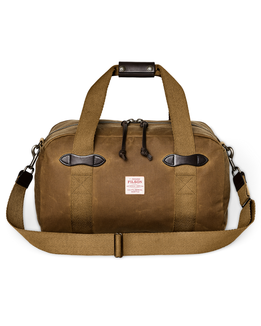 Front-facing image of the Filson Small Tin Cloth Duffle Bag - Dark Tan