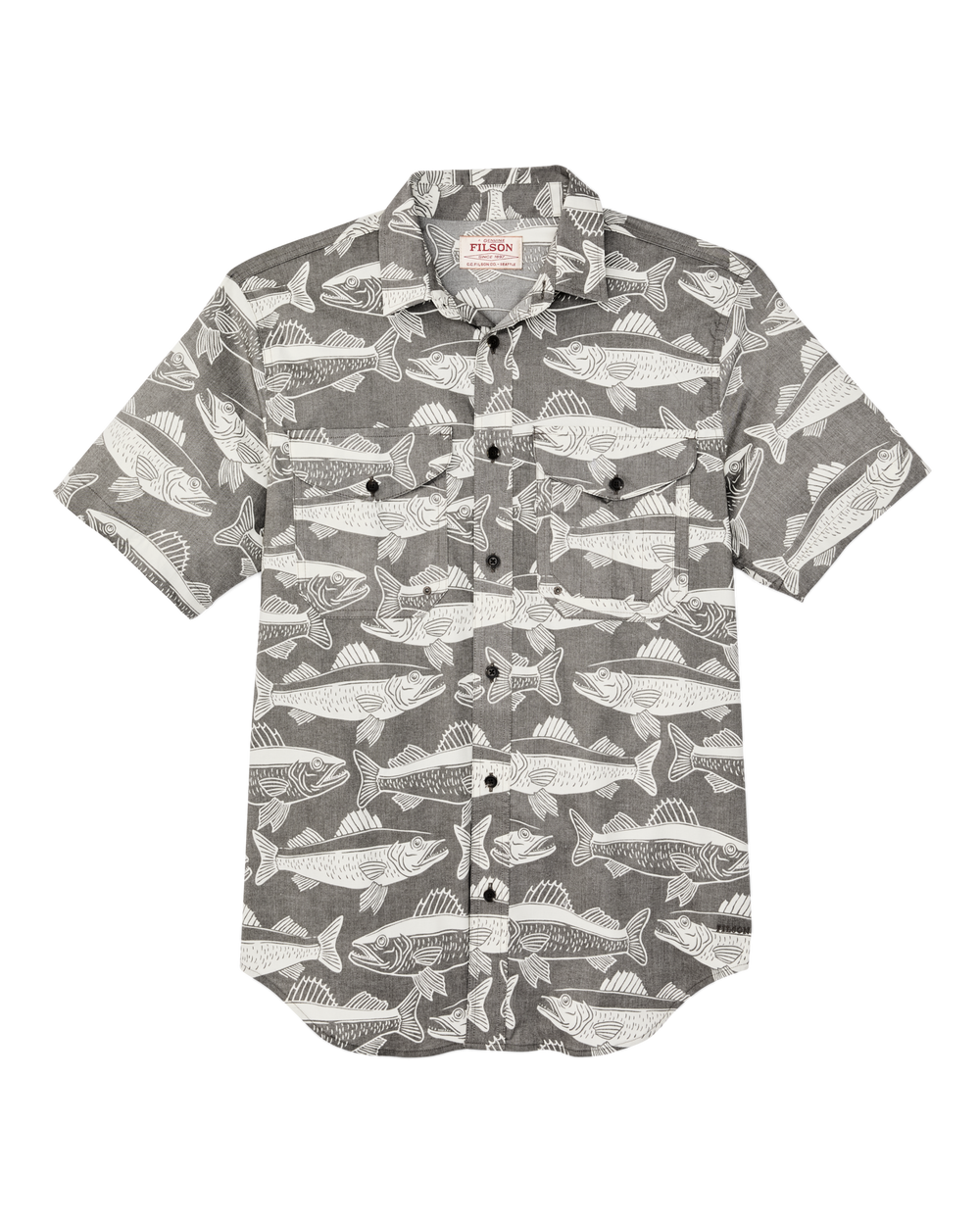 Front-facing image of the Filson Twin Lakes Short Sleeve Sport Shirt - Beluga / Print