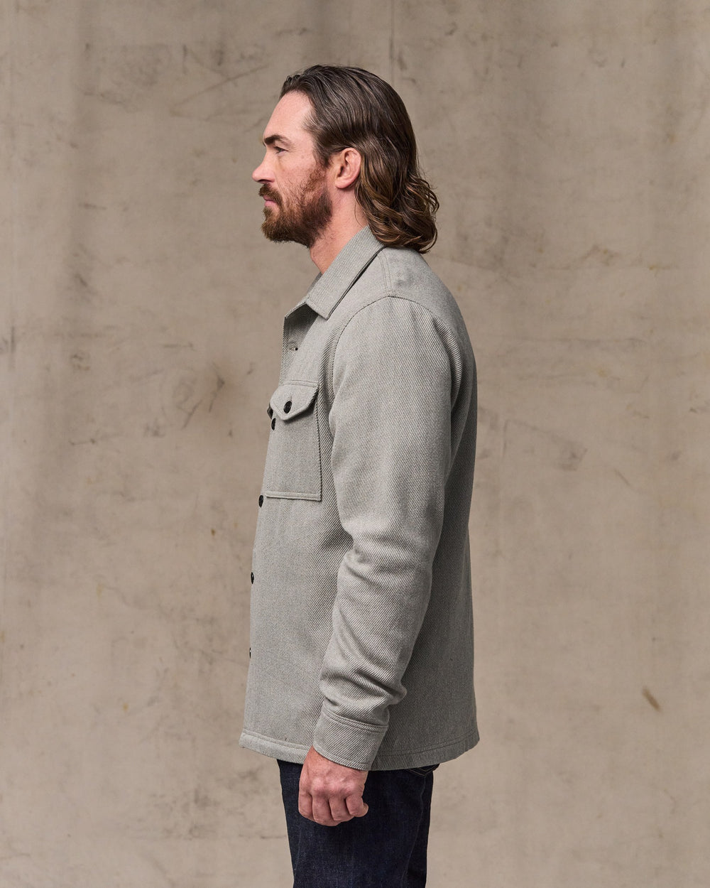 image of a model wearing Filson's Deer Island Jac-shirt - Heather Natural