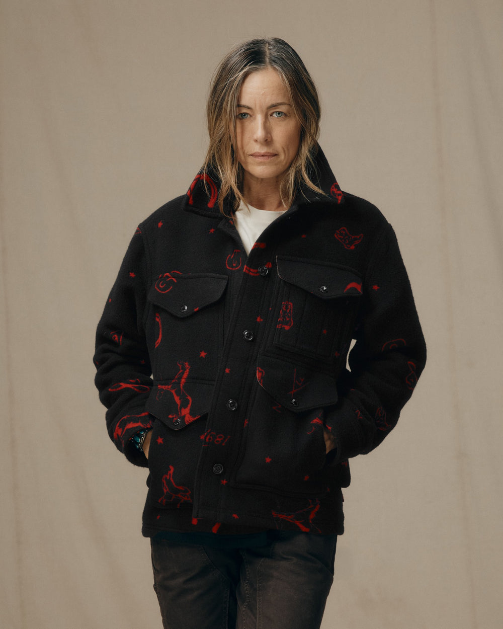 Women's Jacquard Wool Cruiser Jacket - Black / Red Western