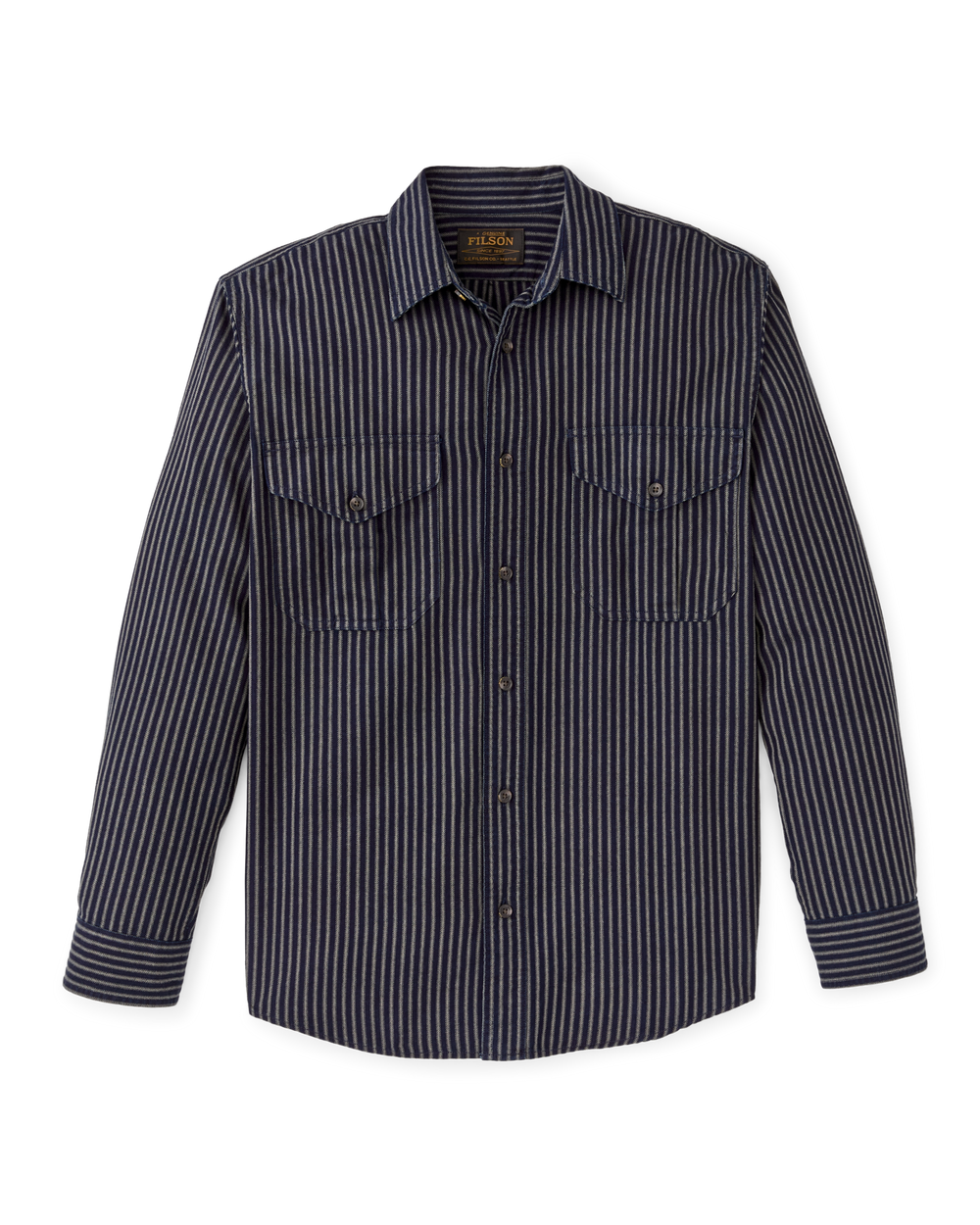 Front-facing image of the Filson Lightweight Alaskan Guide Shirt - Indigo / Ticking Stripe