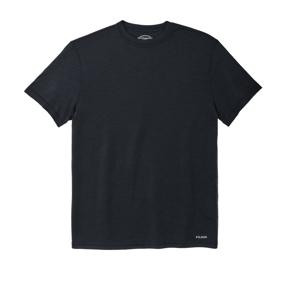 Front-facing image of the Filson 210g Merino Wool Short Sleeve Crewneck - Dark Navy