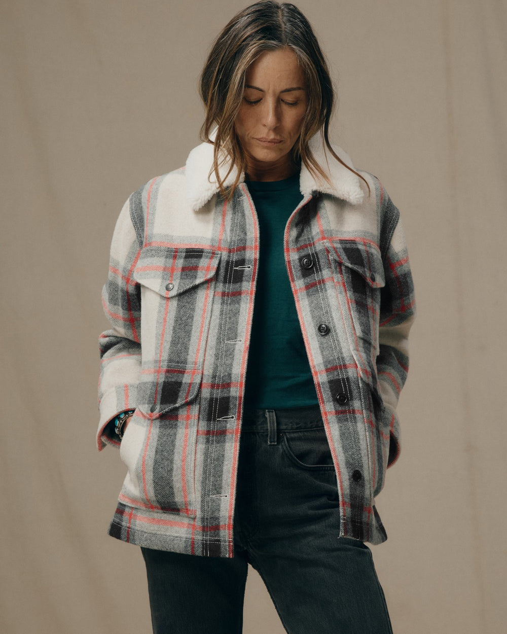 Women's Mackinaw Wool Shearling Cruiser Jacket - Cream / Red / Black Plaid