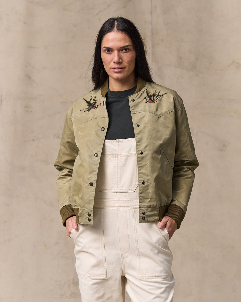 image of a model wearing Filson's Women's Western Satin Jacket - Silver Sage