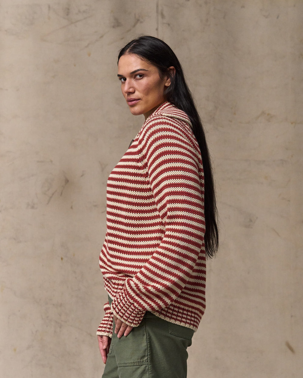 image of a model wearing Filson's Women's Cotton Full-zip Cardigan - Brick / Sand Stripe