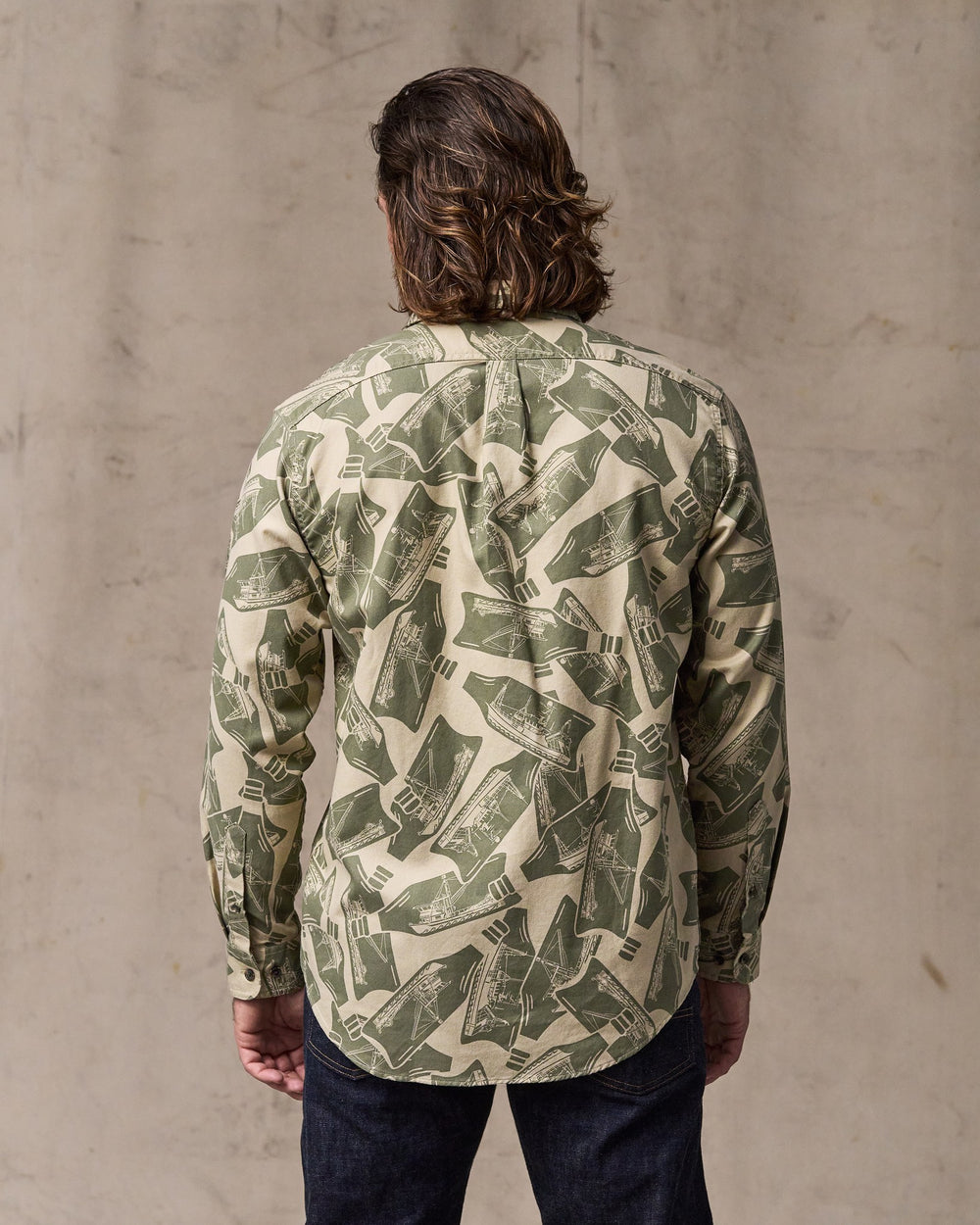 image of a model wearing Filson's Lightweight Alaskan Guide Shirt - Khaki / Print