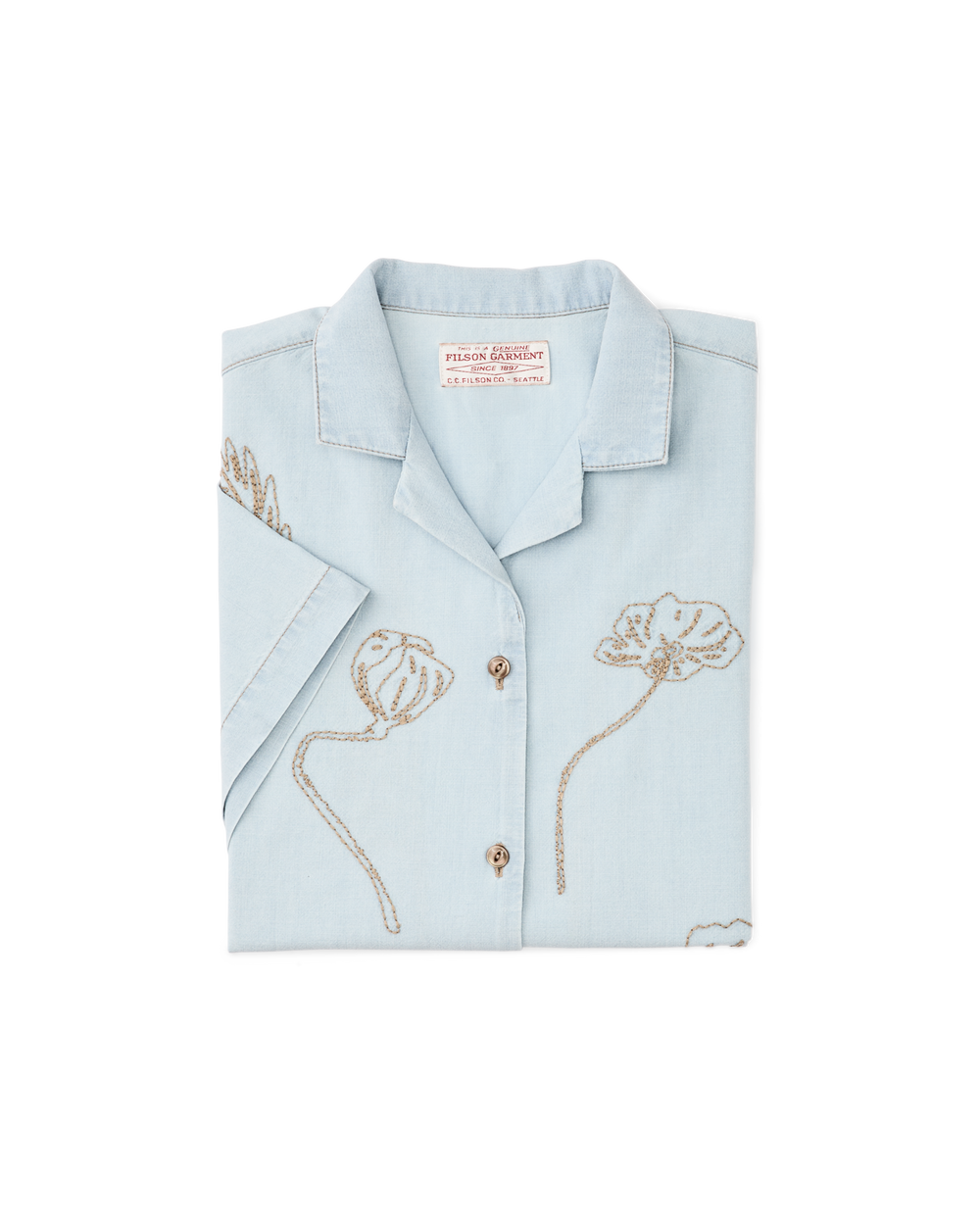 Women's Short Sleeve Embroidered Camp Shirt - Light Indigo Chambray