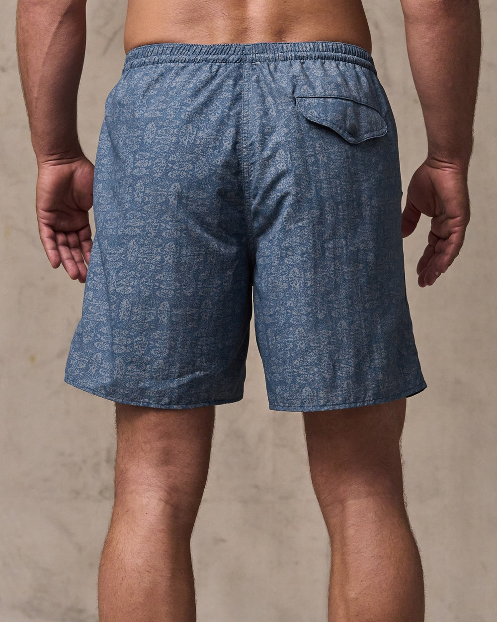image of a model wearing Filson's Oxbow Lake Trunks - Blue / Print
