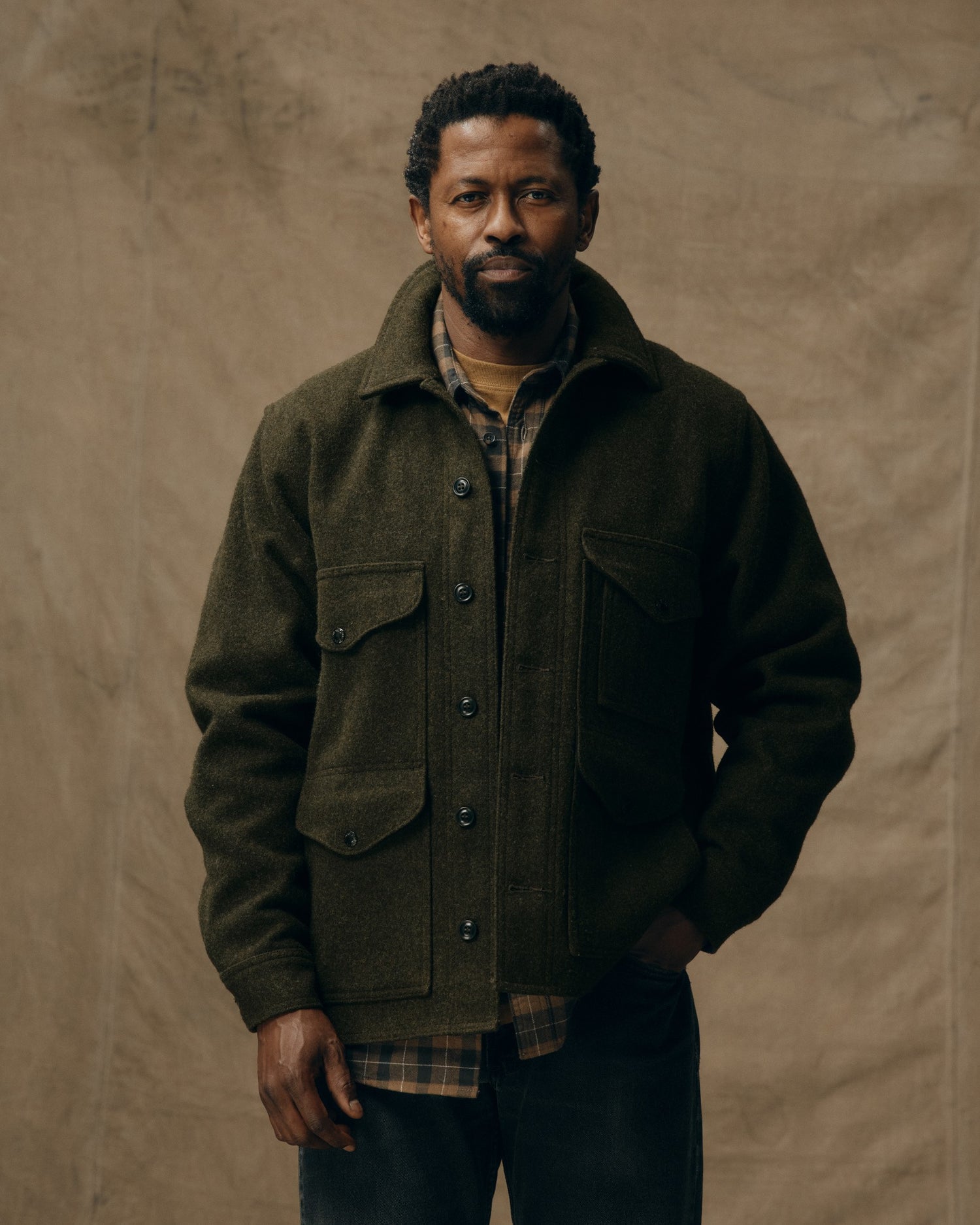 Front-facing image of the Forest Green Mackinaw Cruiser on a model.|Ezra is 6' wearing a size Medium