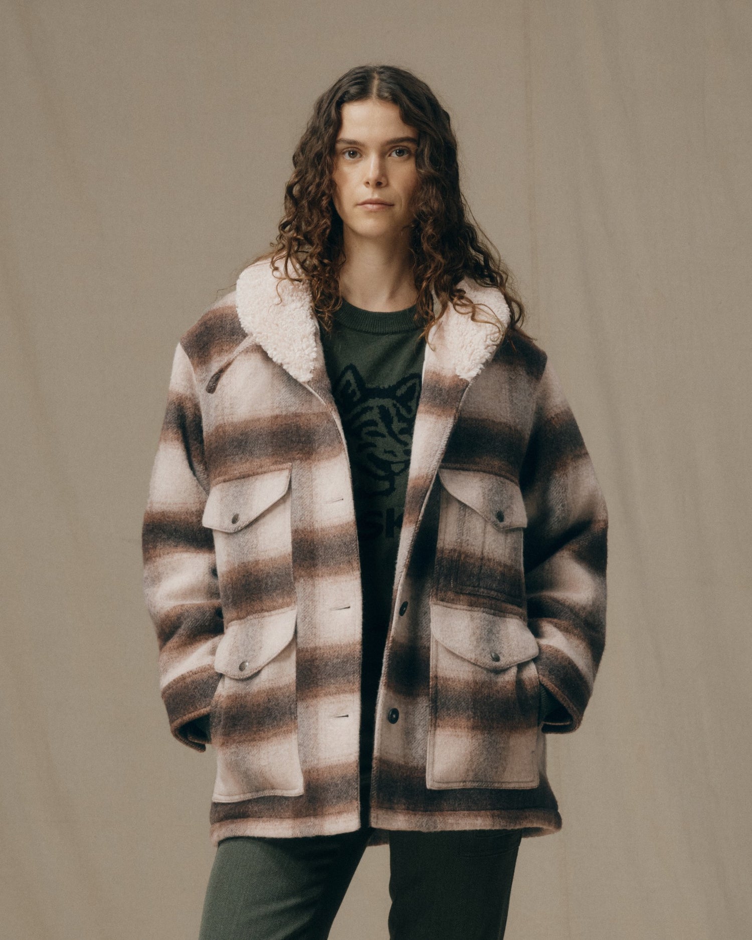 image of a model wearing Filson's Women's Kodiak Shawl Collar Coat - Cream / Brown Shadow Plaid|Model is 5'11" wearing a size medium