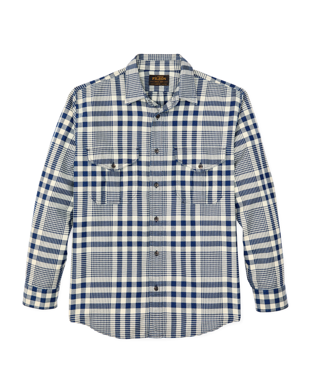 Front-facing image of the Filson Lightweight Alaskan Guide Shirt - Indigo Multi Plaid