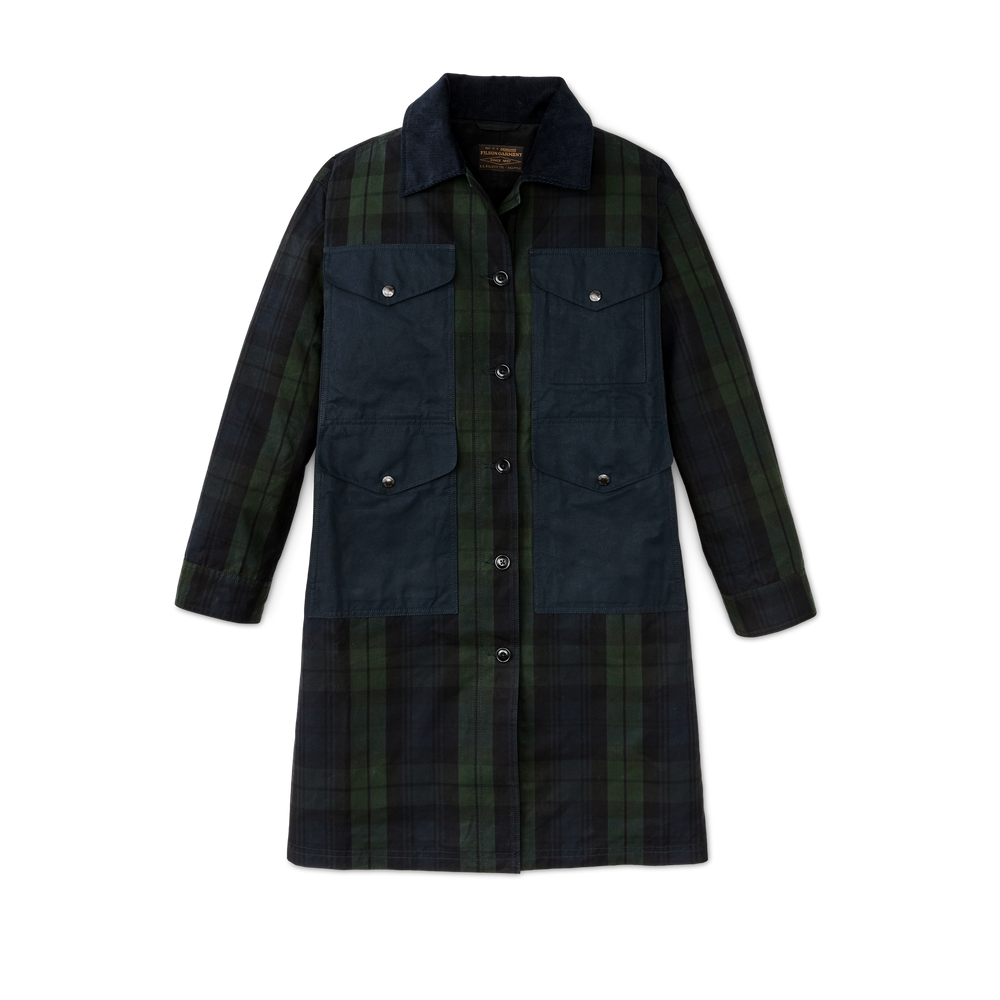 Front-facing image of the Filson Women's Dry Waxed Long Cruiser - Black / Green Plaid