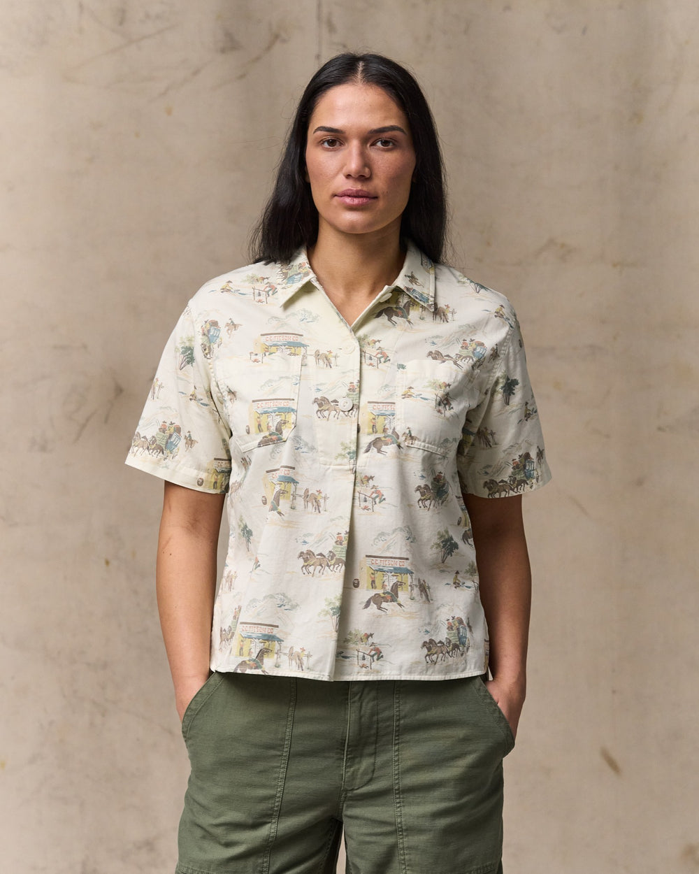image of a model wearing Filson's Women's Twill Popover Shirt - Desert Natural / Print