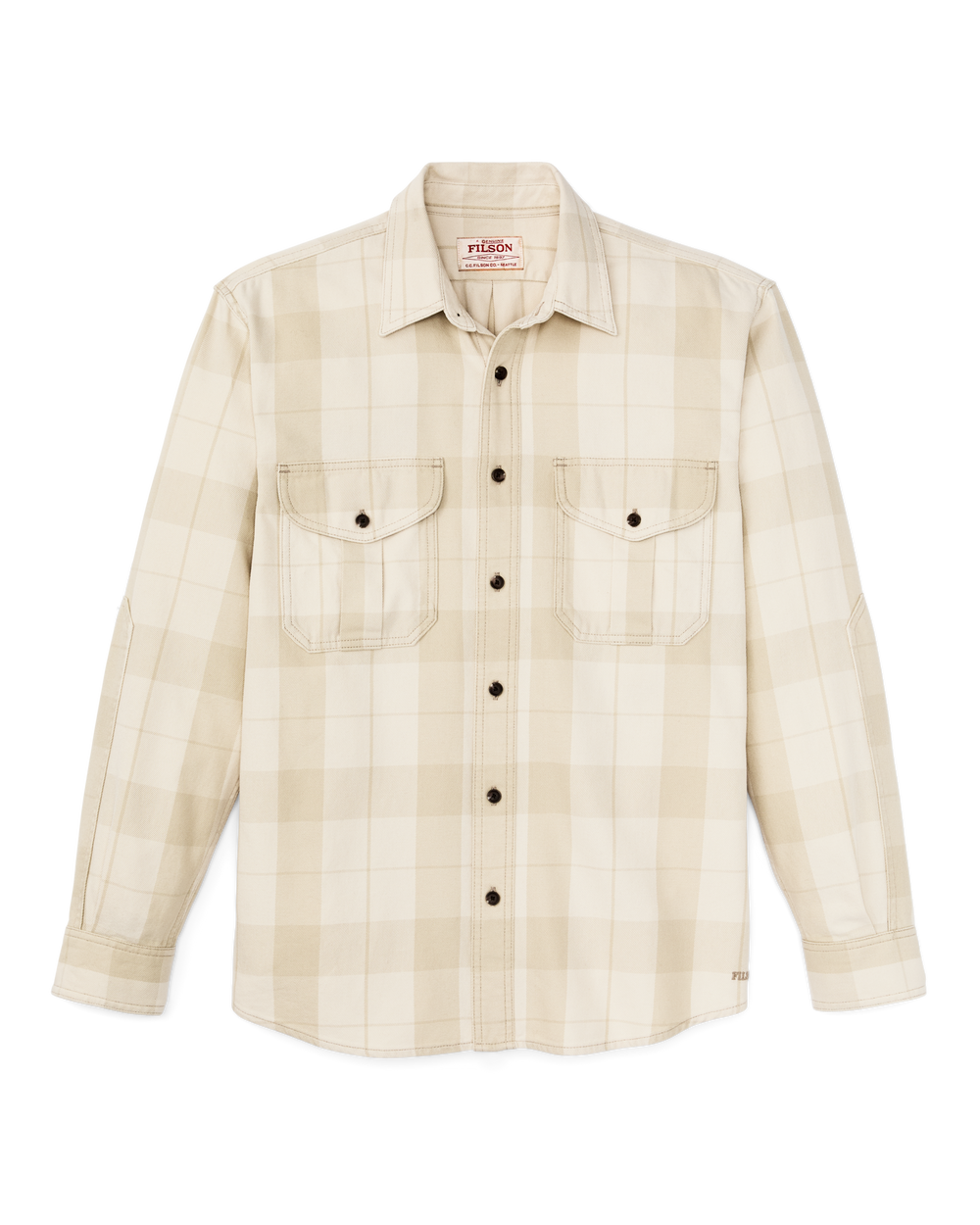 Front-facing image of the Filson Vintage Wash Alaskan Guide Shirt - Sand / Stone Plaid
