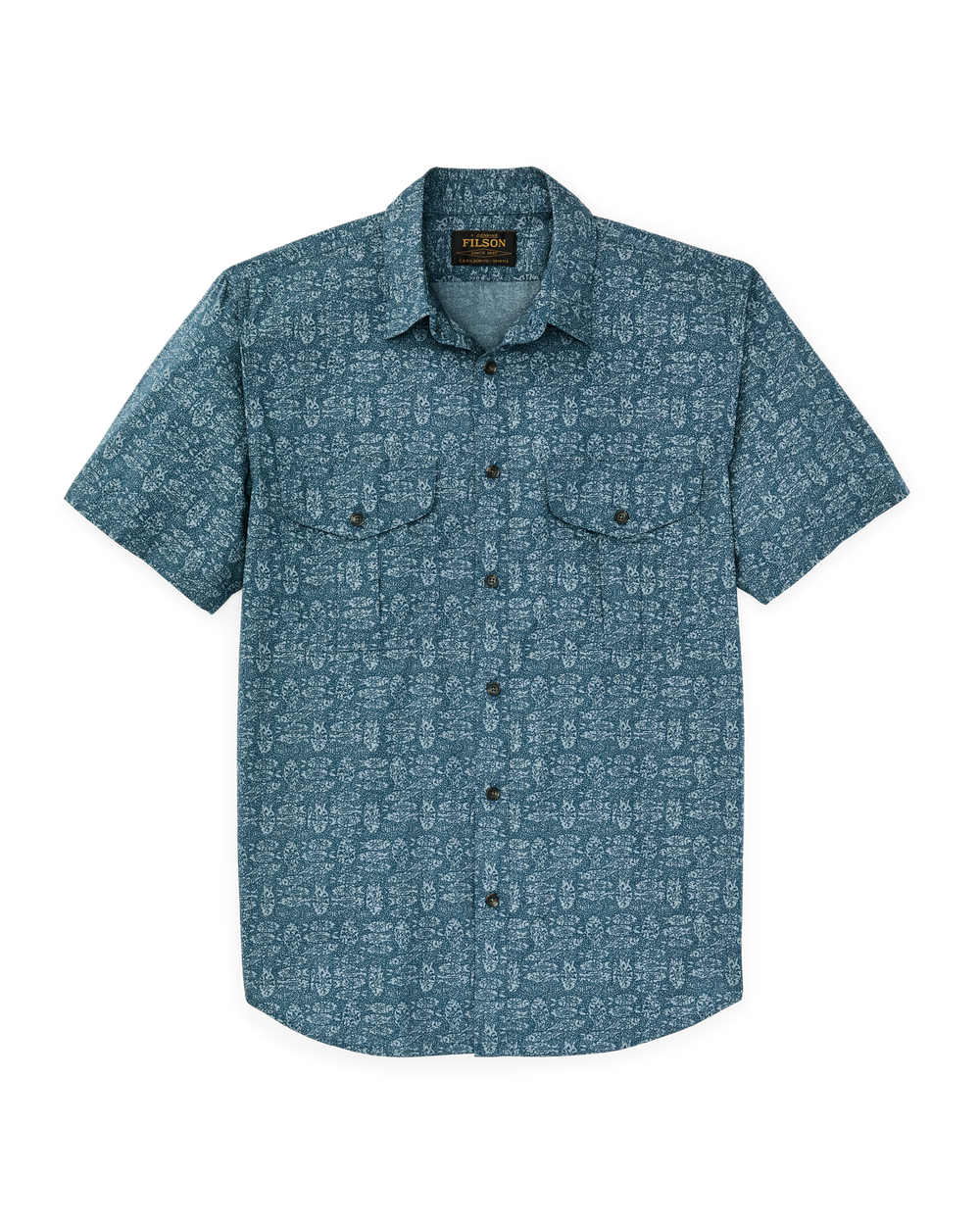 Front-facing image of the Filson Filson's Washed Short Sleeve Feather Cloth Shirt - Blue / Print