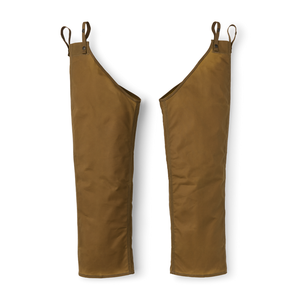 Front-facing image of the Filson Single Tin Cloth Chaps - Dark Tan