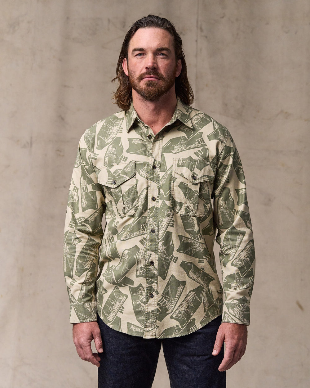 image of a model wearing Filson's Lightweight Alaskan Guide Shirt - Khaki / Print