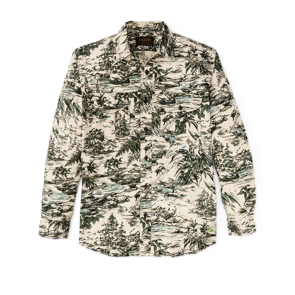 Front-facing image of the Filson Filson X Housefly Washed Feather Cloth Shirt - Khaki / Scenic