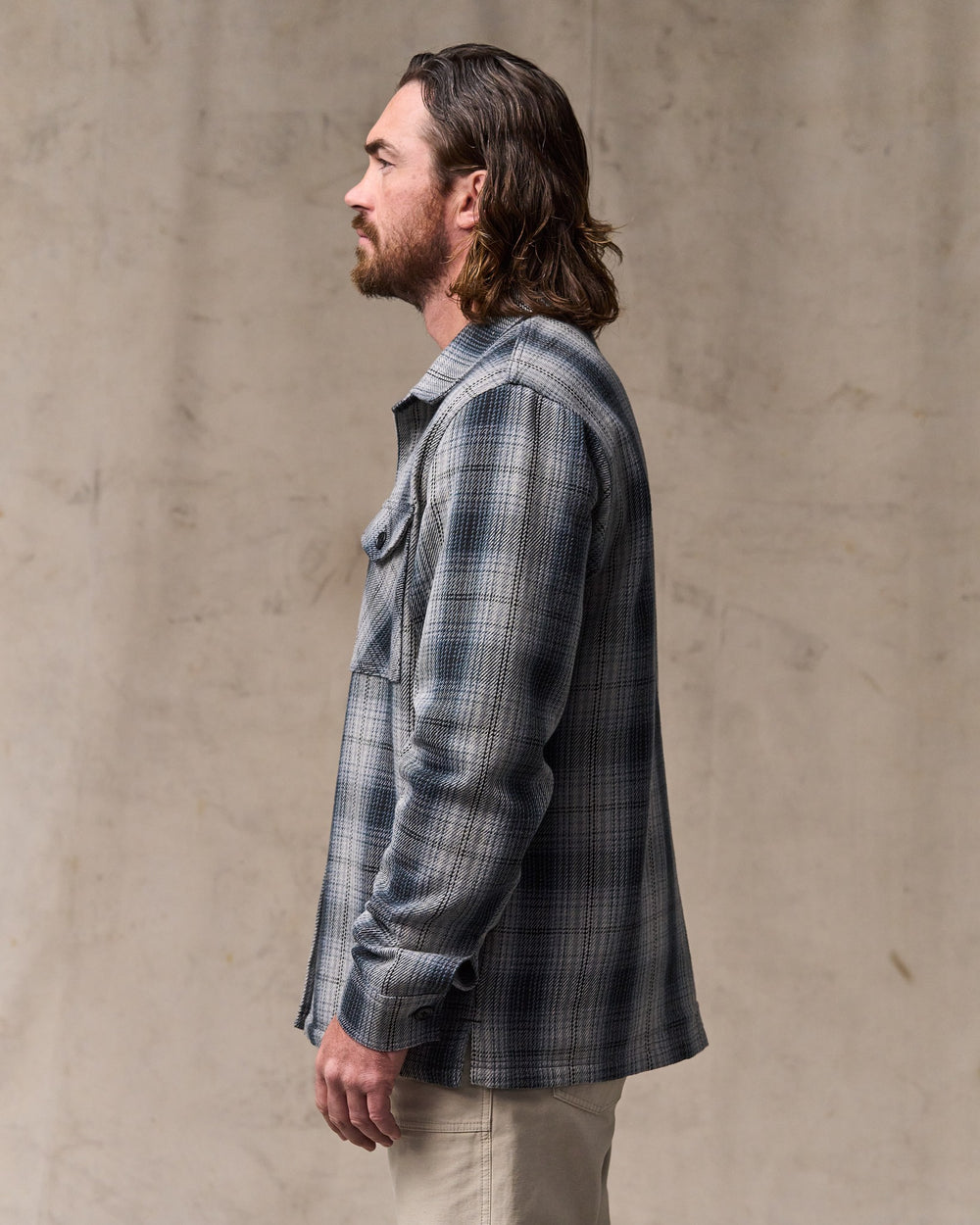 image of a model wearing Filson's Deer Island Jac-shirt - Slate / Gray Ombre