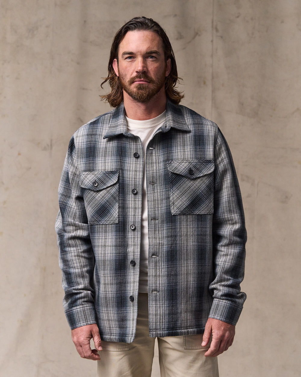 image of a model wearing Filson's Deer Island Jac-shirt - Slate / Gray Ombre