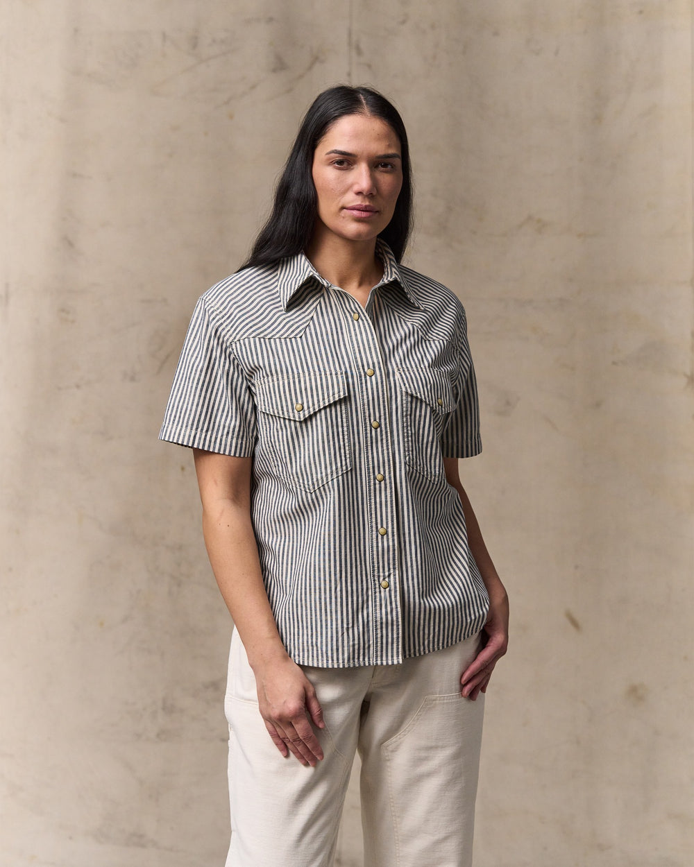 Women's Short Sleeve Chambray Western Shirt - Indigo / Natural